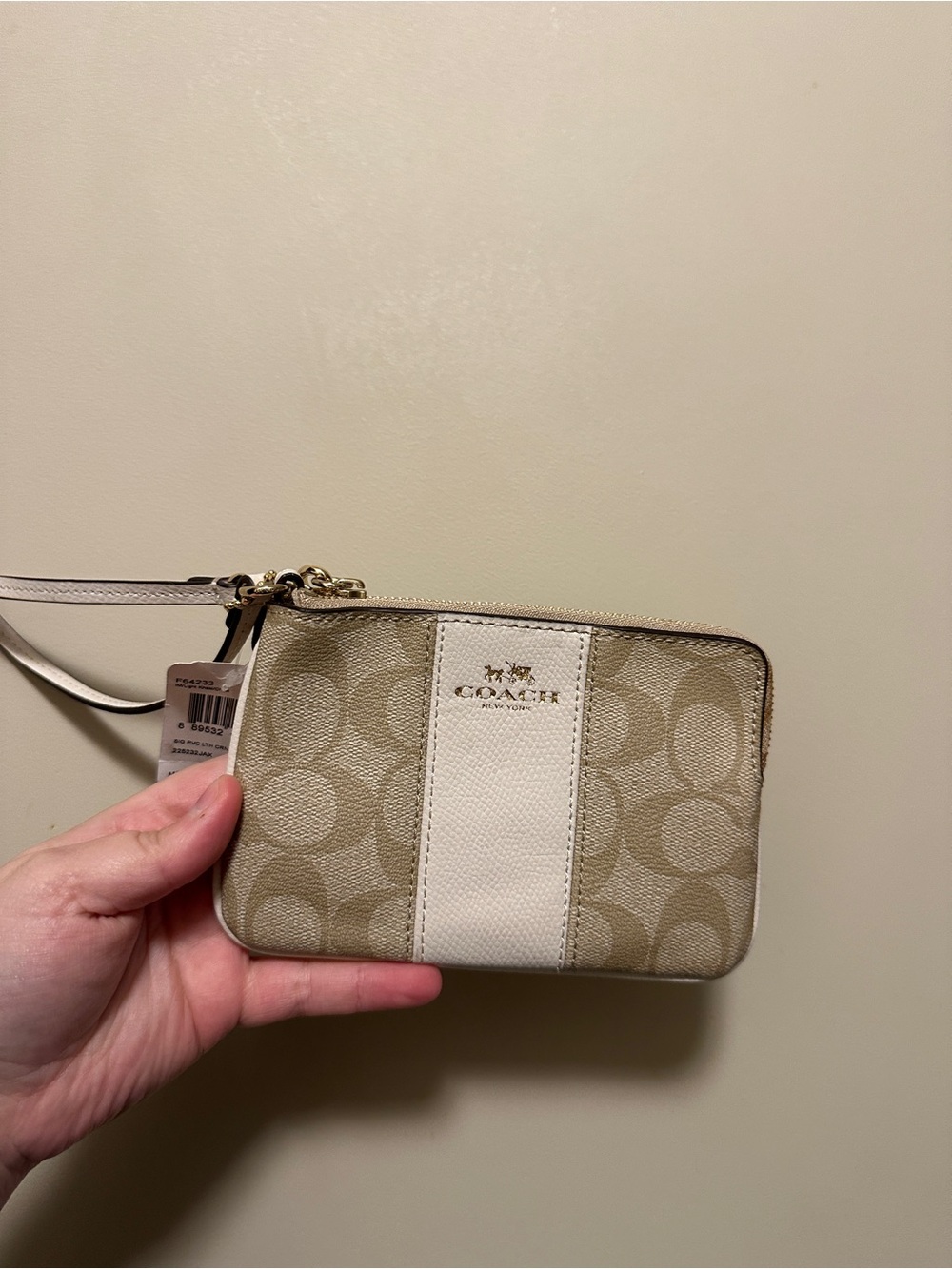 Coach Beige Signature Canvas Wristlet with Chalk Stripe